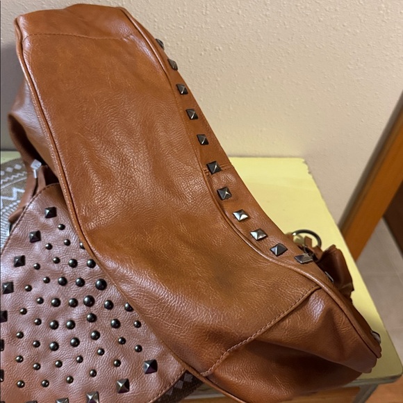 Studded Edgy Brown Vegan Leather Handbag - Picture 9 of 9